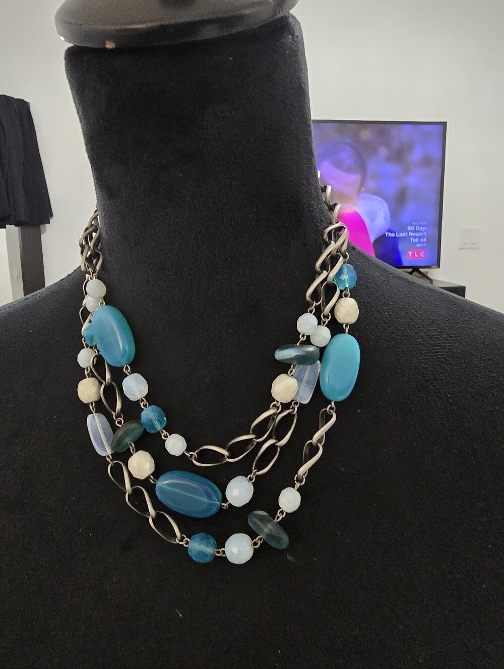 Multi-Strand Teal and Cream Bead Necklace - Women Jewelry